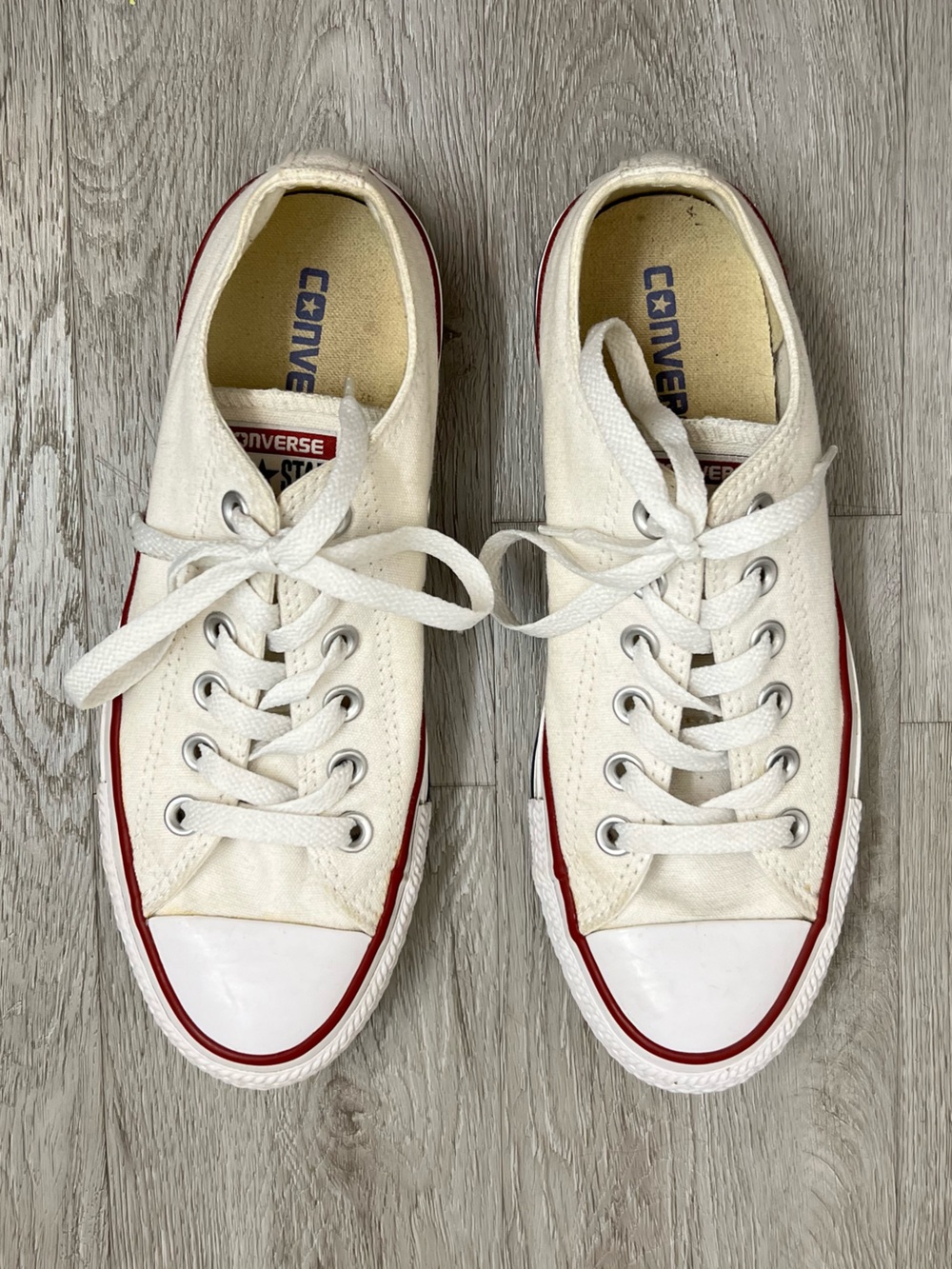 Converse Low-Top Canvas Sneakers in Cream with Red Trim